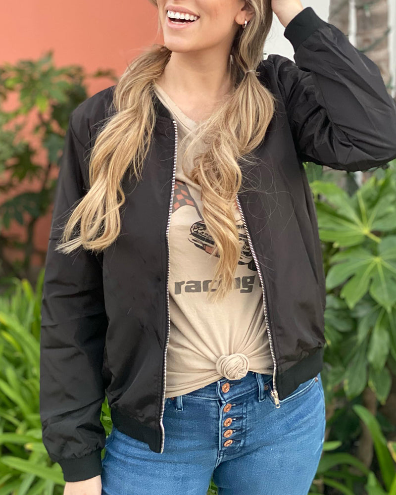 Ribbed Trim Zip-Up Bomber Jacket for Women