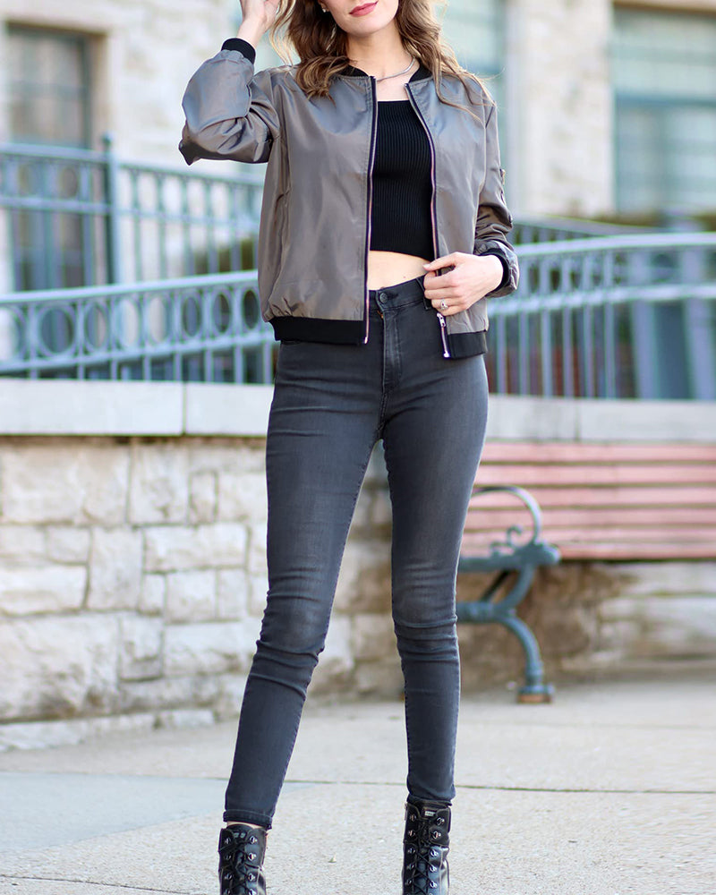 Ribbed Trim Zip-Up Bomber Jacket for Women