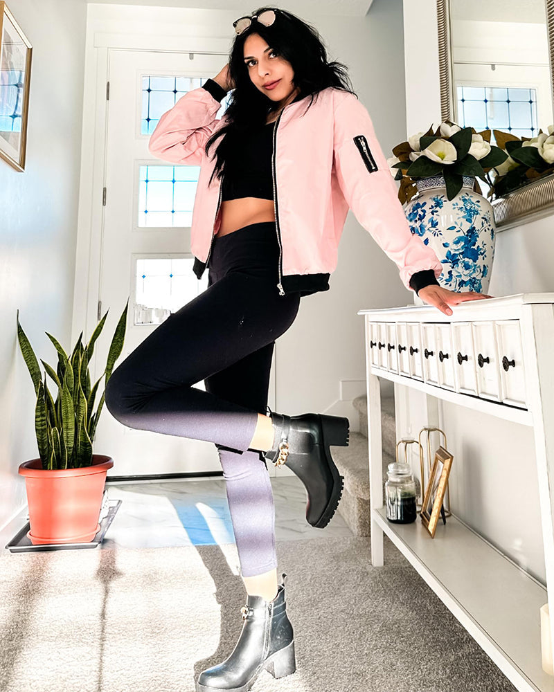 Ribbed Trim Zip-Up Bomber Jacket for Women