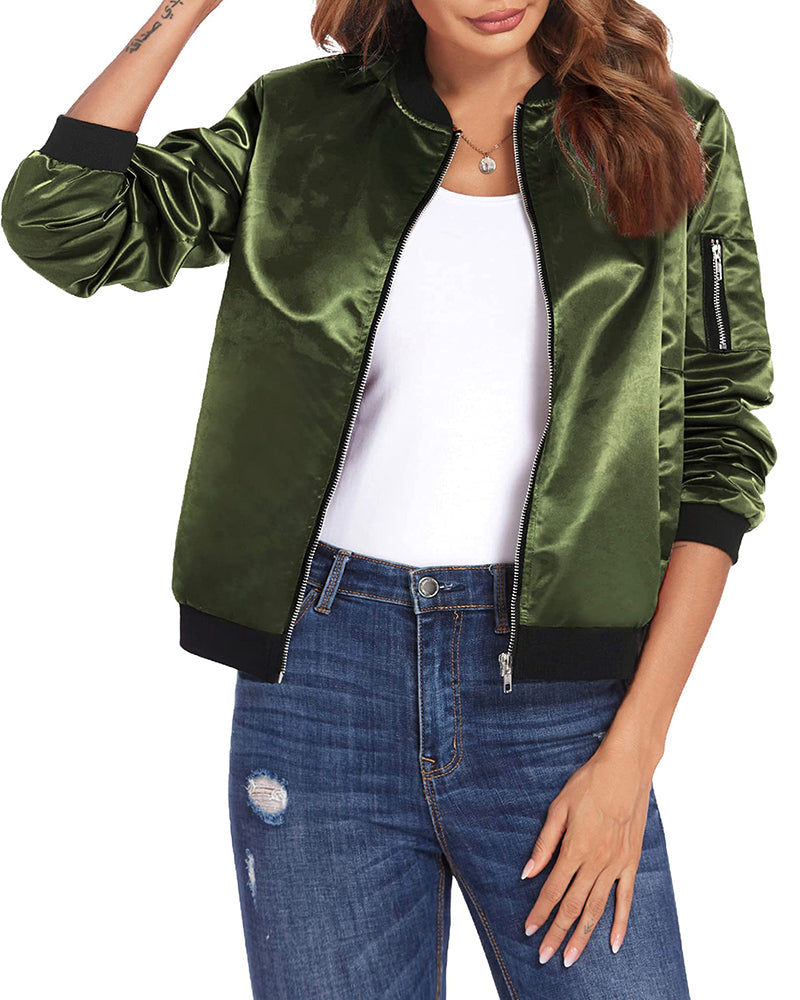 Ribbed Trim Zip-Up Bomber Jacket for Women