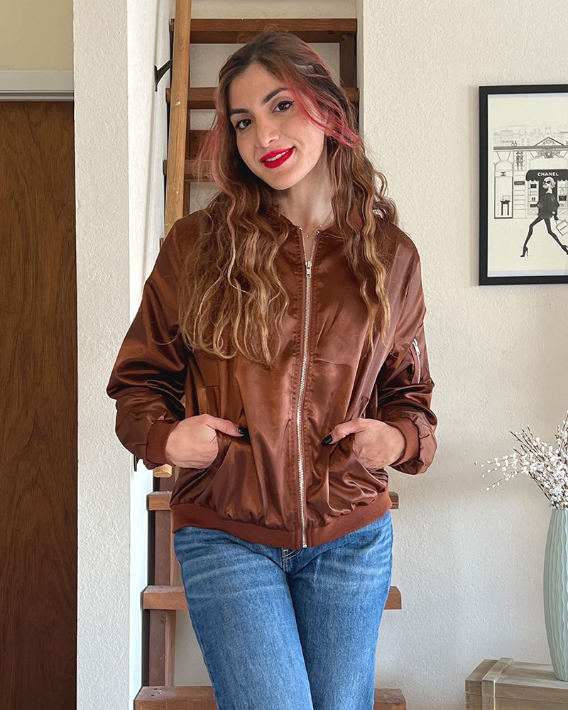Ribbed Trim Zip-Up Bomber Jacket for Women