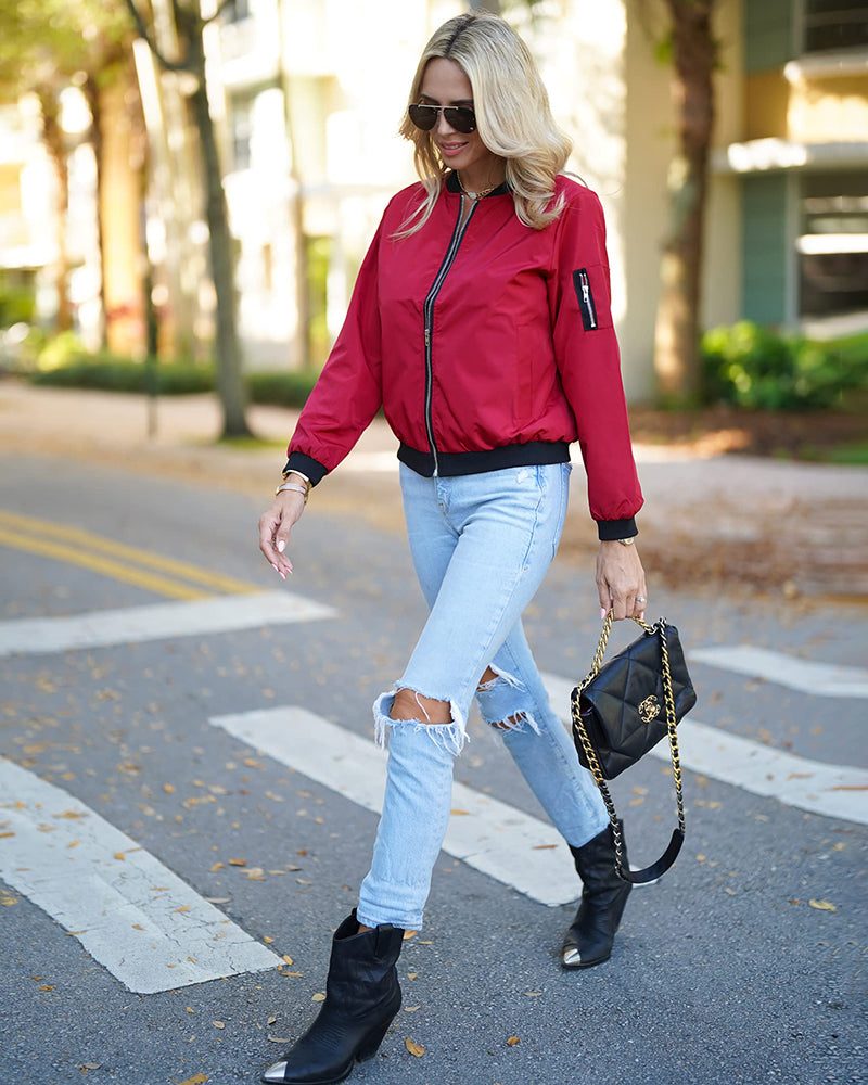 Ribbed Trim Zip-Up Bomber Jacket for Women