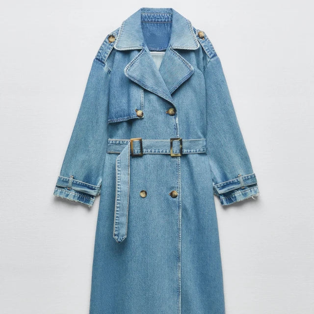 Women's Oversized Denim Trench Coat with Button Front