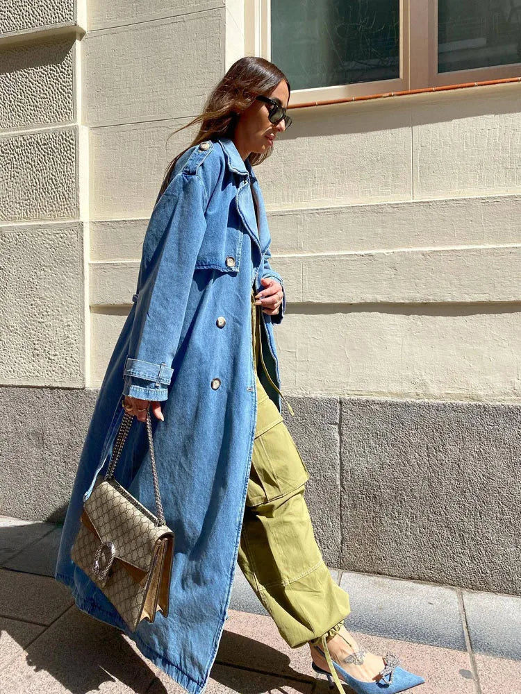 Women's Oversized Denim Trench Coat with Button Front