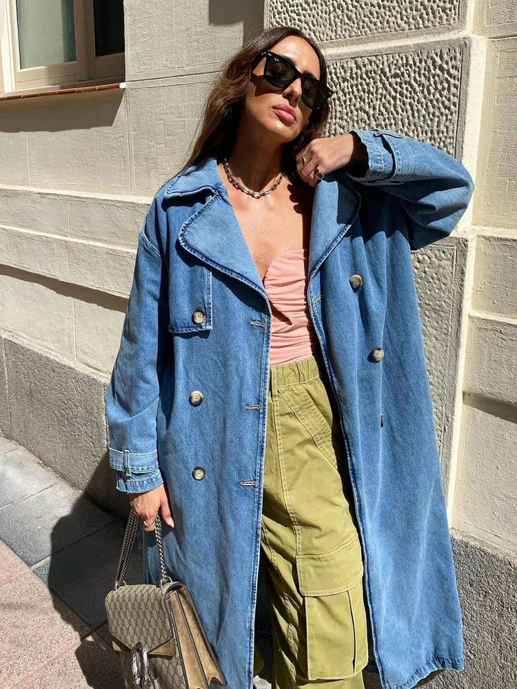 Women's Oversized Denim Trench Coat with Button Front