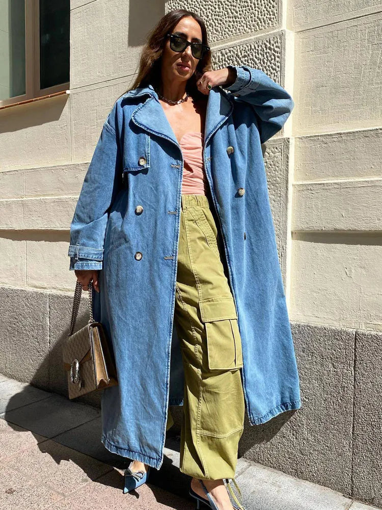 Women's Oversized Denim Trench Coat with Button Front