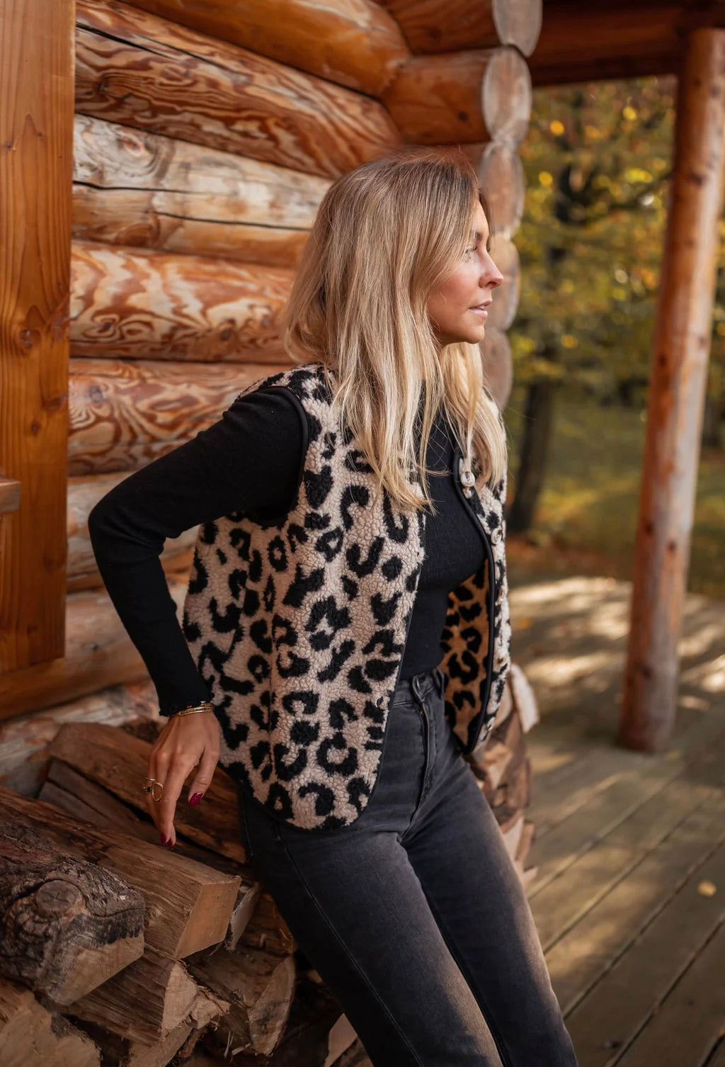 Leopard Print Knit Vest with Button Front for Women
