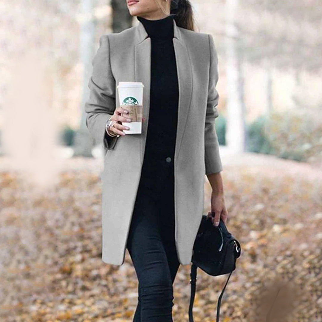 Women's Tailored Long Wool Trench Coat with Stand-Up Collar