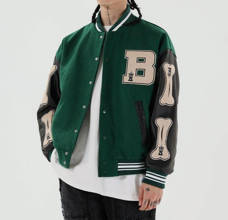 Women's Graphic Varsity Bomber Jacket with Bone-Inspired Sleeve Design