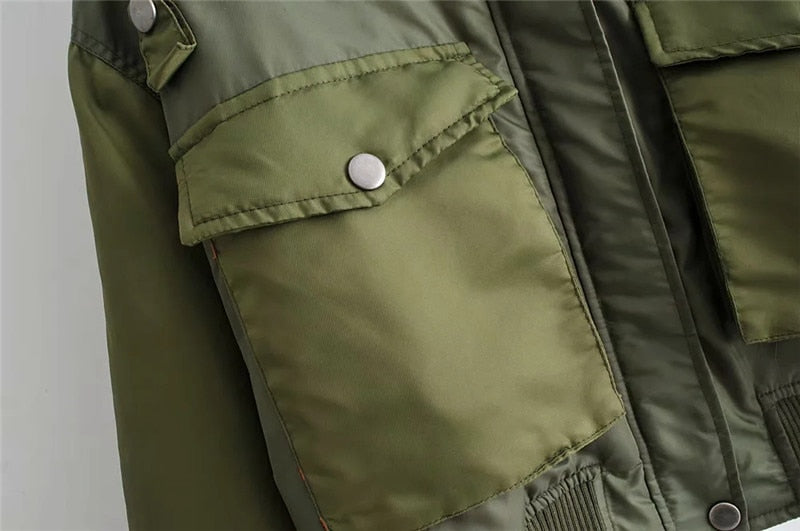 Women's Cropped Utility Bomber Jacket with Patch Pockets and Zippered Sleeves