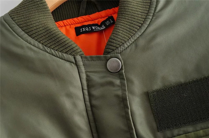 Women's Cropped Utility Bomber Jacket with Patch Pockets and Zippered Sleeves