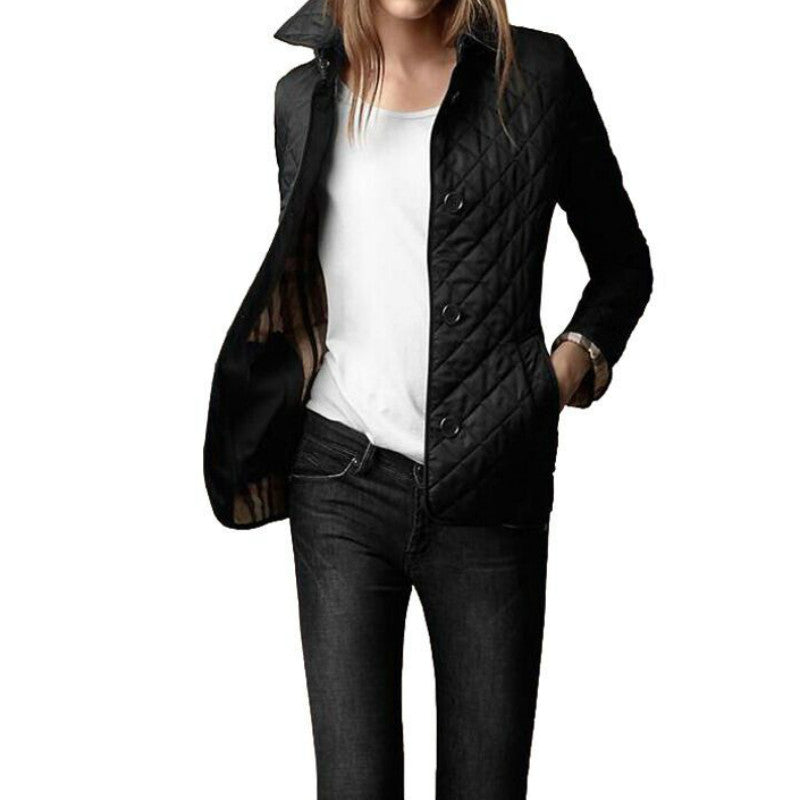 Women's Quilted Bomber Jacket Featuring Button Closure and Convertible Cuffs