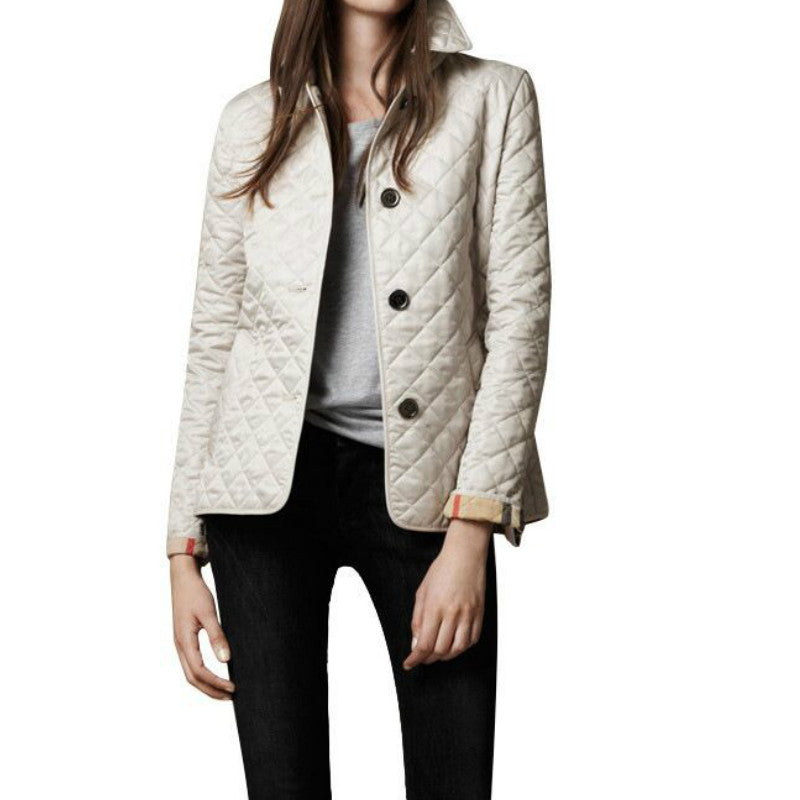 Women's Quilted Bomber Jacket Featuring Button Closure and Convertible Cuffs