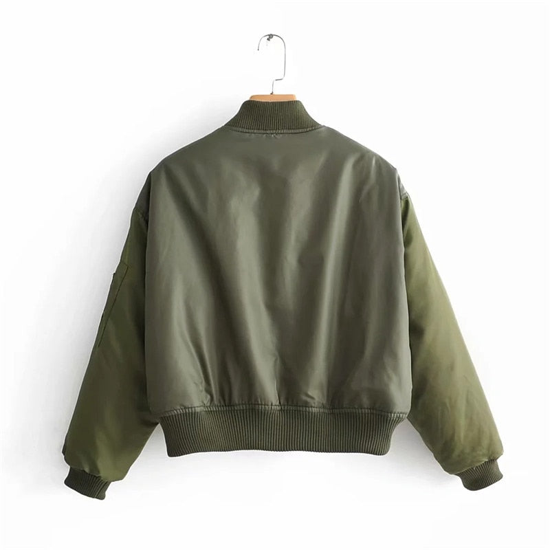 Women's Cropped Utility Bomber Jacket with Patch Pockets and Zippered Sleeves