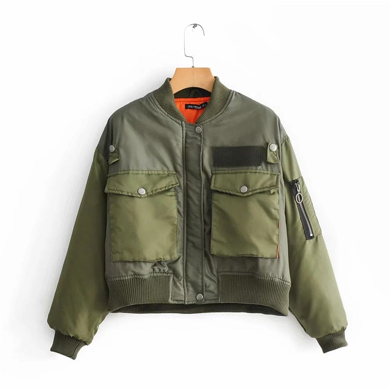 Women's Cropped Utility Bomber Jacket with Patch Pockets and Zippered Sleeves
