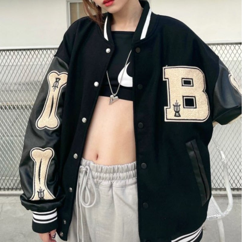 Women's Graphic Varsity Bomber Jacket with Bone-Inspired Sleeve Design