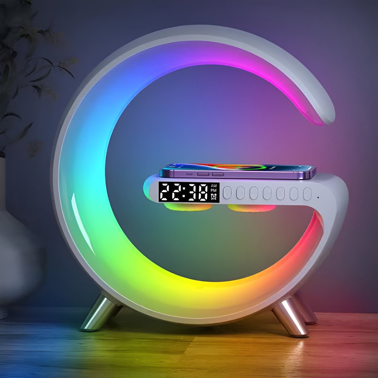 Veliora - Elegante Lampada Notturna a Forma di G con Stazione di Ricarica Wireless e Orologio