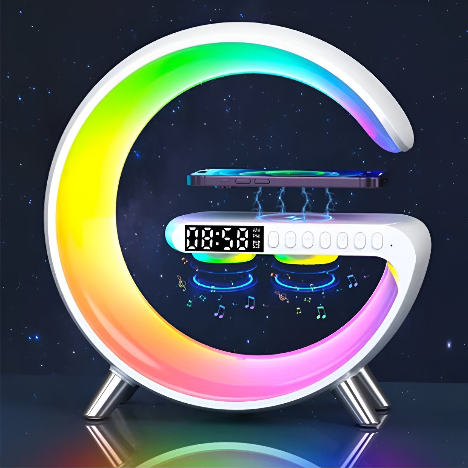 Veliora - Elegante Lampada Notturna a Forma di G con Stazione di Ricarica Wireless e Orologio