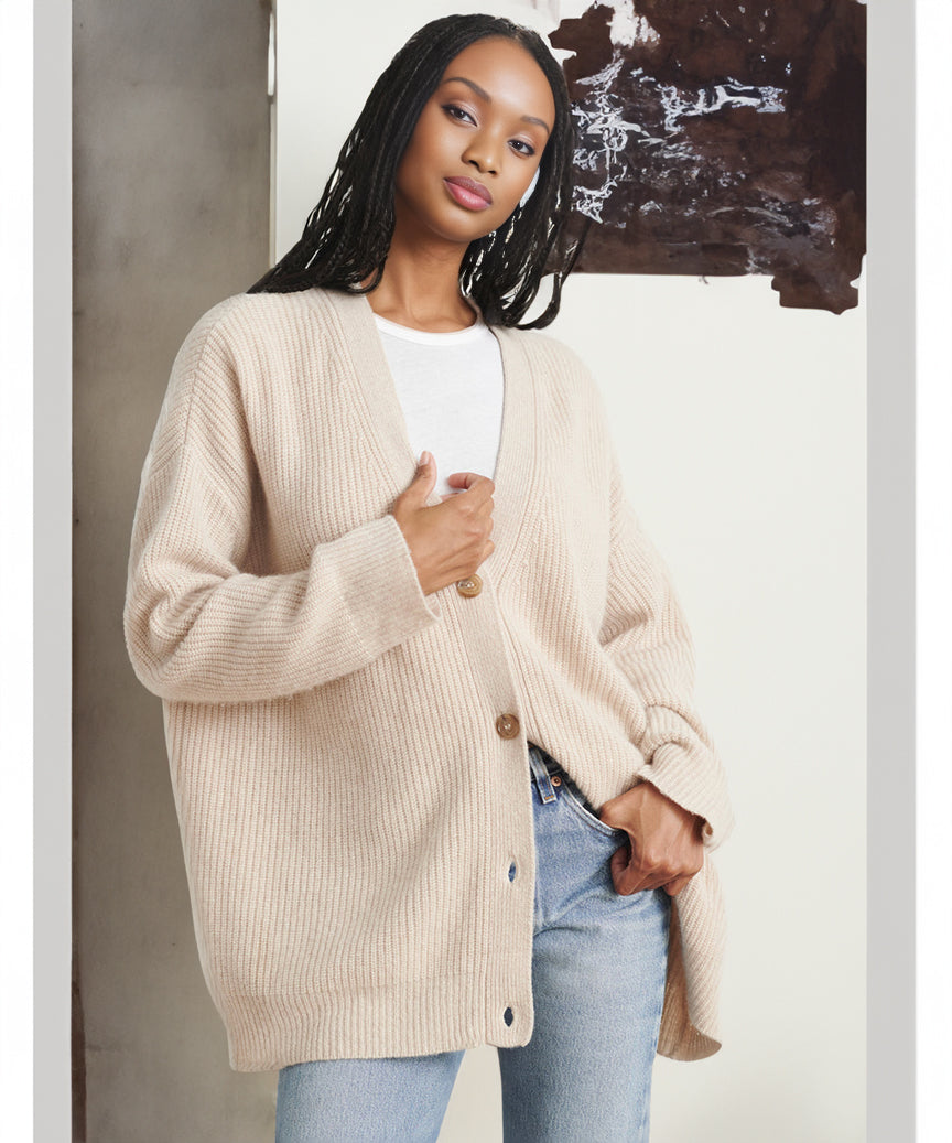 Women's Oversized Button-Up Cardigan in Cozy Ribbed Knit