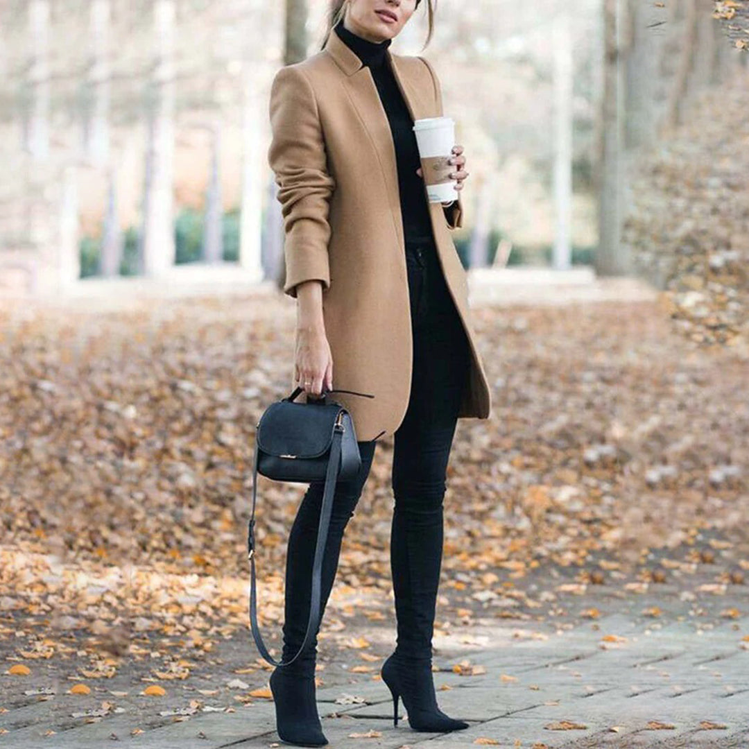 Women's Tailored Long Wool Trench Coat with Stand-Up Collar