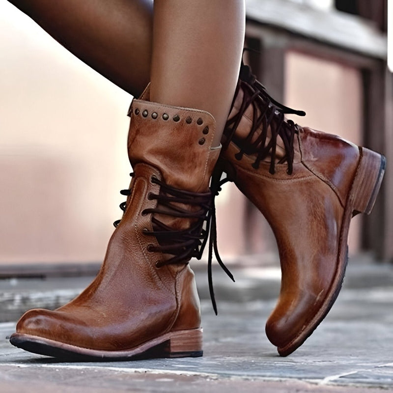 Retro Mid-Calf Lace-Up Women's Boots with Studded Accents and Low Heel
