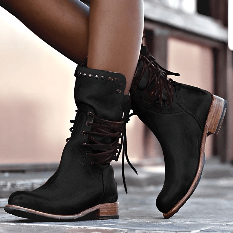 Retro Mid-Calf Lace-Up Women's Boots with Studded Accents and Low Heel