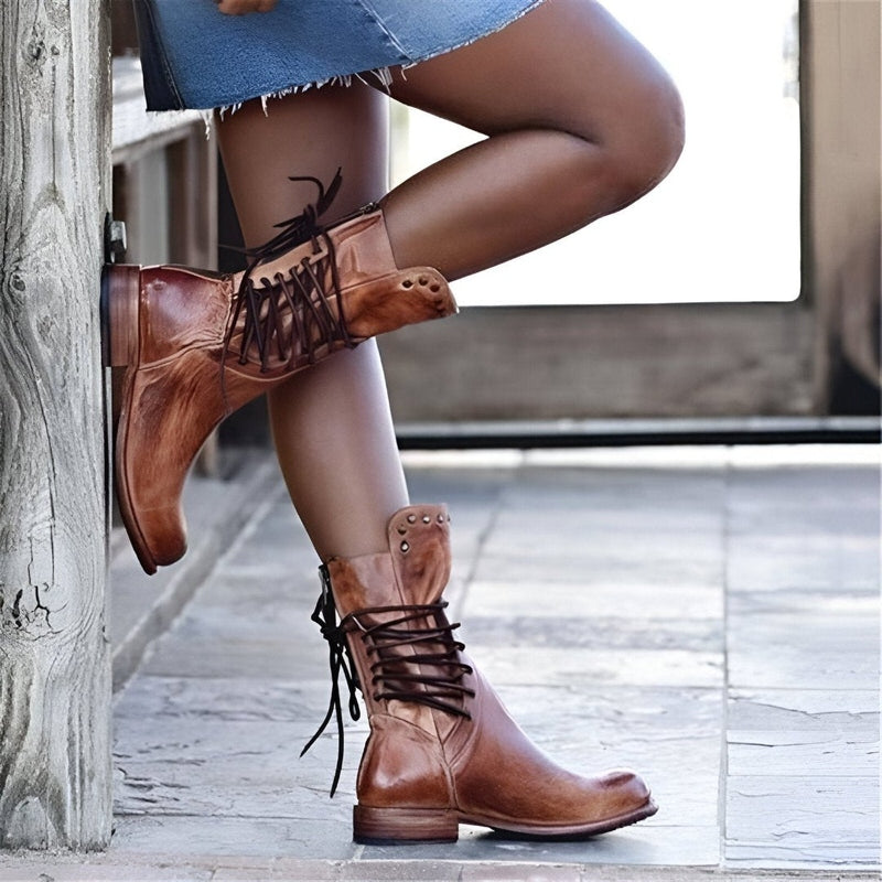 Retro Mid-Calf Lace-Up Women's Boots with Studded Accents and Low Heel