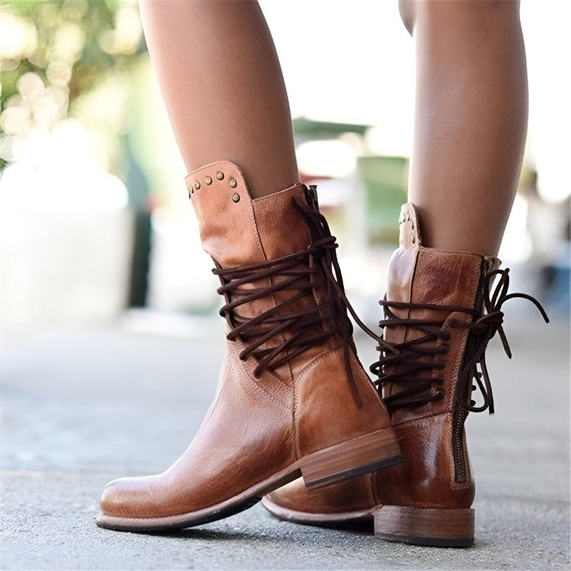 Retro Mid-Calf Lace-Up Women's Boots with Studded Accents and Low Heel