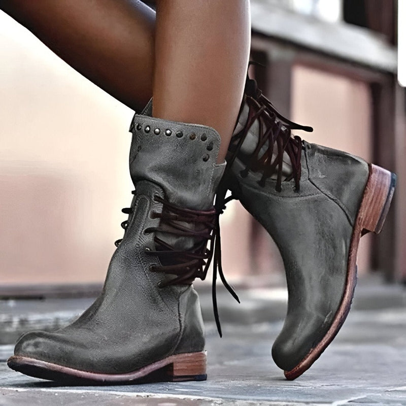 Retro Mid-Calf Lace-Up Women's Boots with Studded Accents and Low Heel