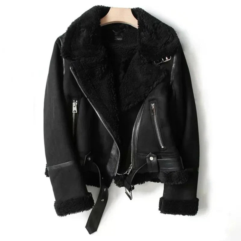 Women's Leather Jacket Featuring a Belted Hem and Zipper Closure