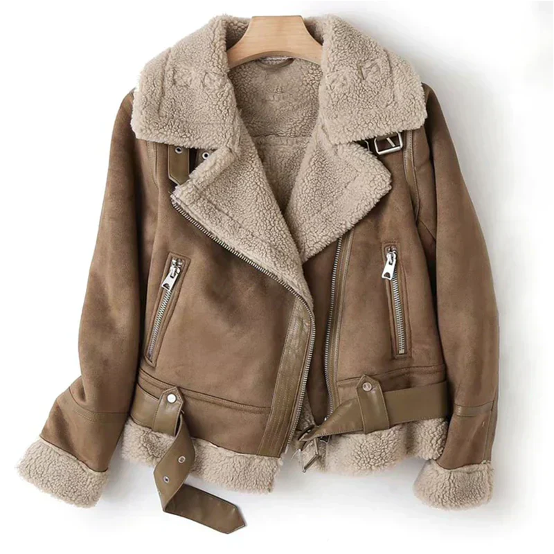 Women's Leather Jacket Featuring a Belted Hem and Zipper Closure