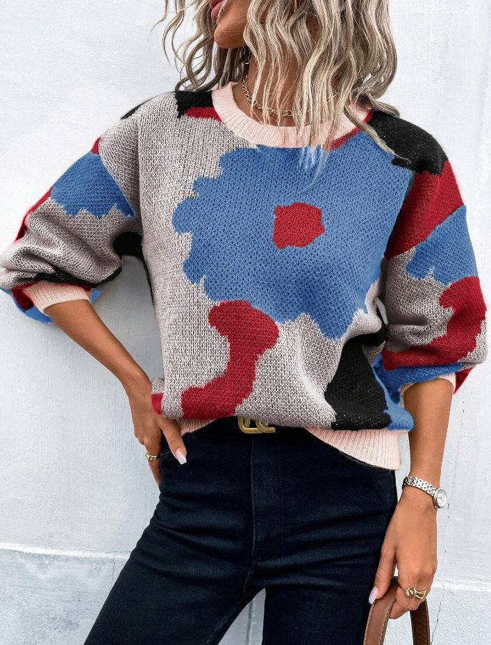 Patterned Knit Sweater for Women with Round Neck and Balloon Sleeves