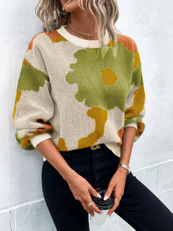 Patterned Knit Sweater for Women with Round Neck and Balloon Sleeves