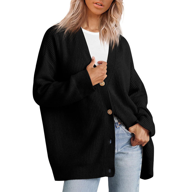 Women's Striped Knit Cardigan with Button-Up Closure in Relaxed Fit