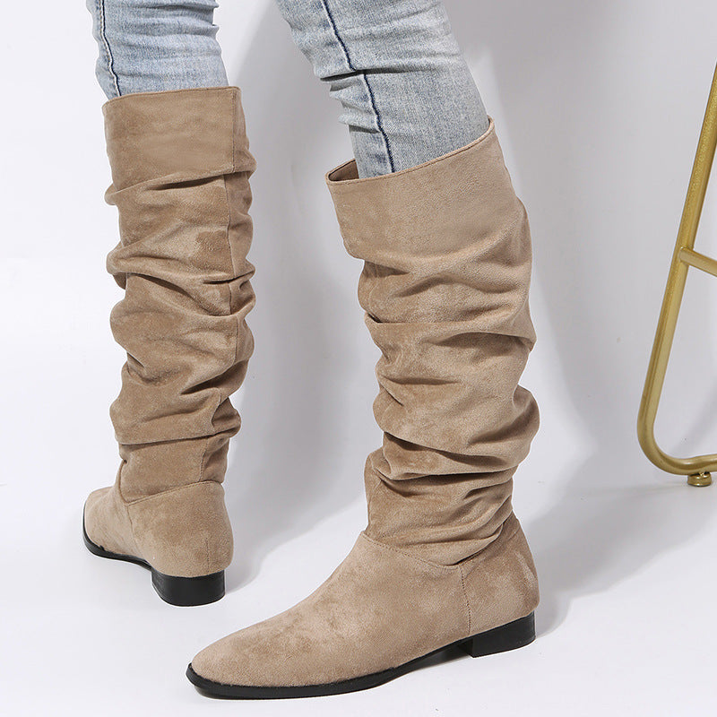 Women's Knee-High Boots with Pointed Toe and Flat Sole