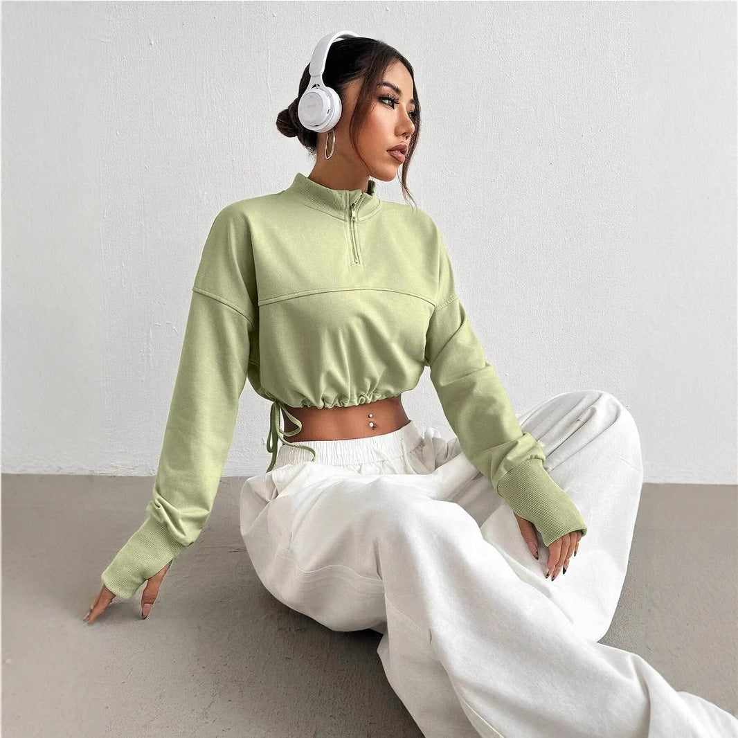 Women's Cropped Sweatshirt with Zip Neck and Balloon Sleeves