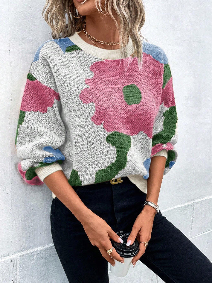 Patterned Knit Sweater for Women with Round Neck and Balloon Sleeves