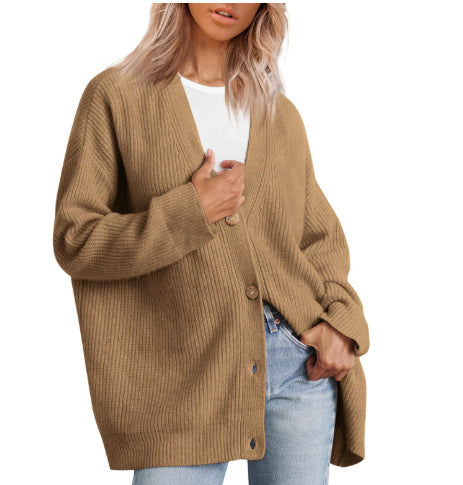 Women's Striped Knit Cardigan with Button-Up Closure in Relaxed Fit