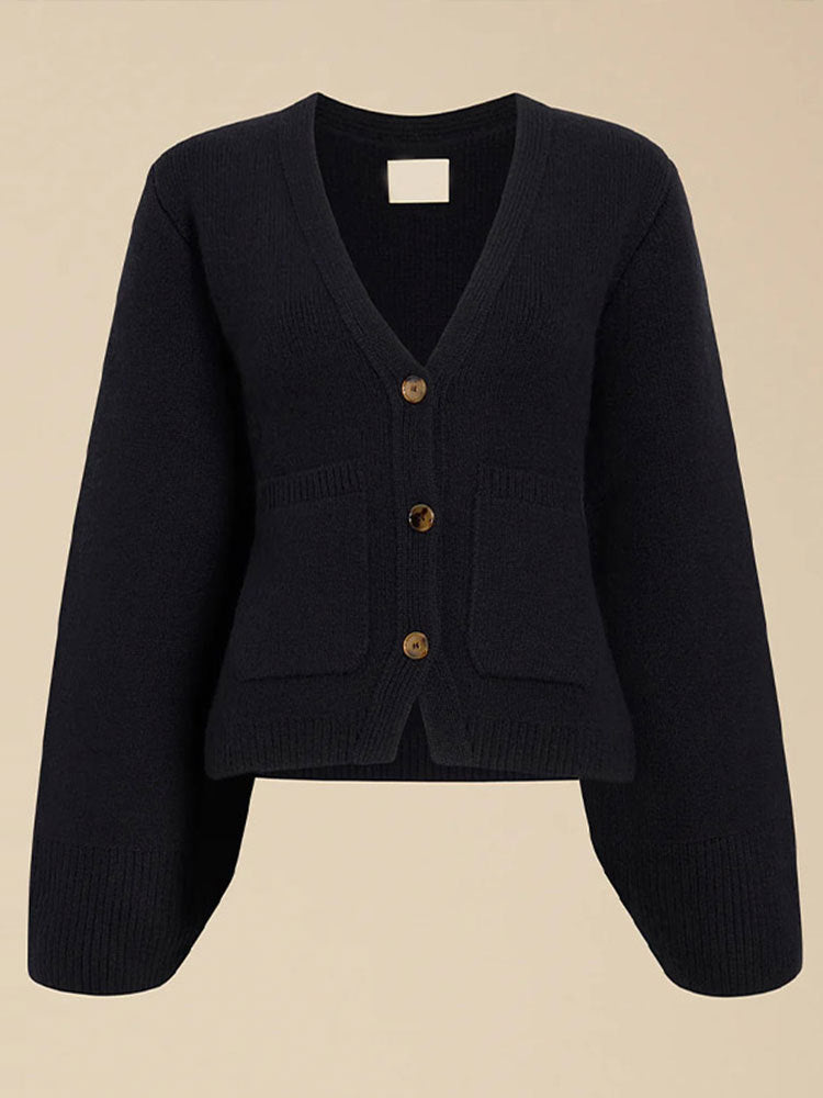 Women's V-Neck Button Cardigan with Ribbed Hem and Patch Pockets