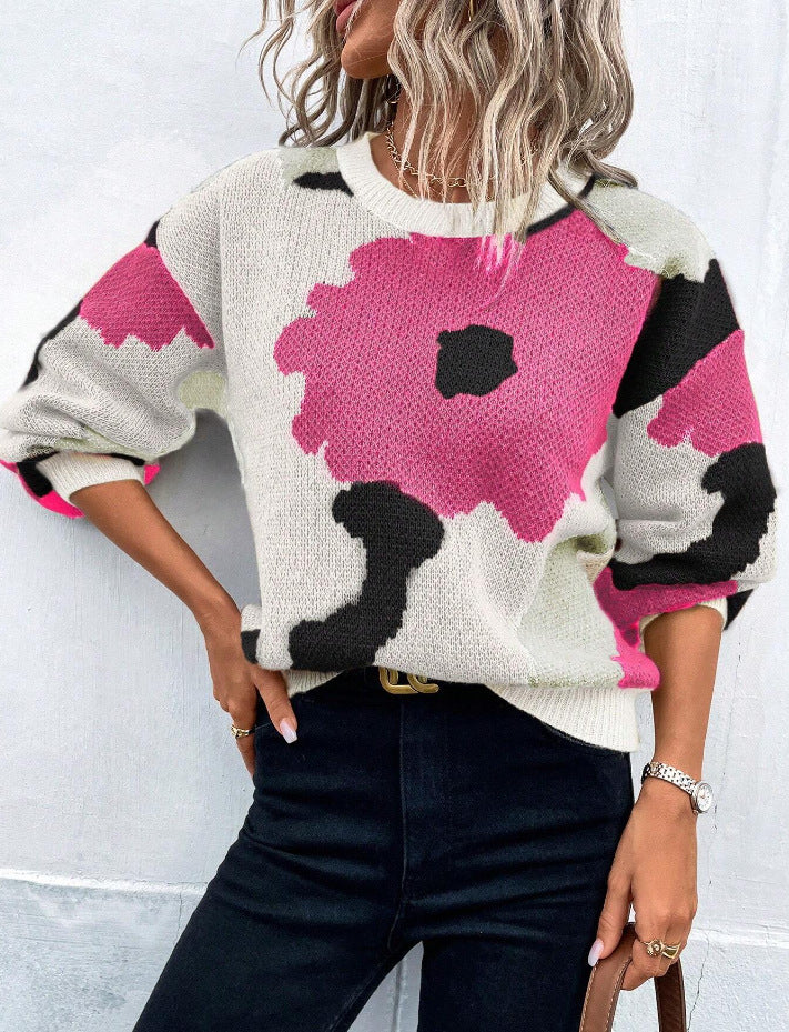 Patterned Knit Sweater for Women with Round Neck and Balloon Sleeves