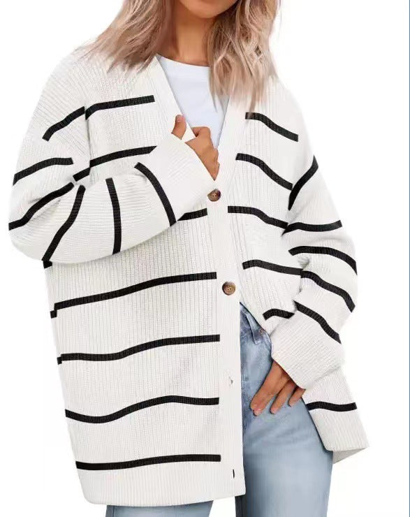 Women's Striped Knit Cardigan with Button-Up Closure in Relaxed Fit