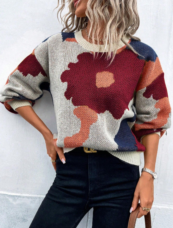Patterned Knit Sweater for Women with Round Neck and Balloon Sleeves
