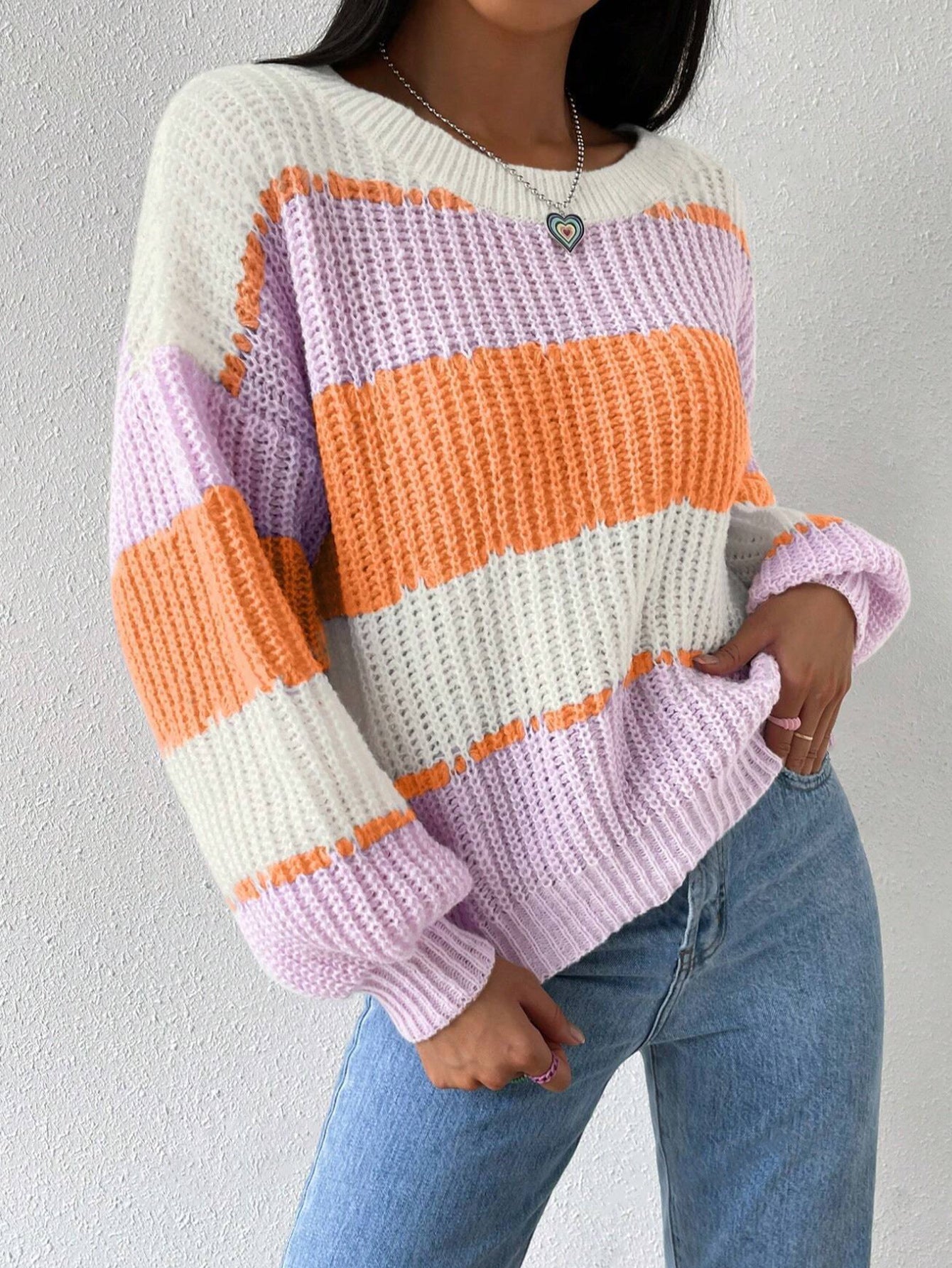 Women's Striped Knit Sweater with Crew Neck and Long Sleeves