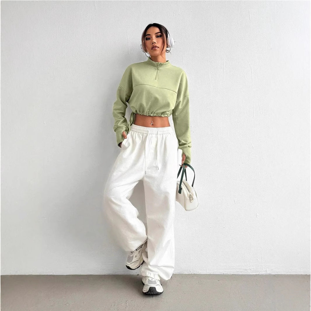 Women's Cropped Sweatshirt with Zip Neck and Balloon Sleeves