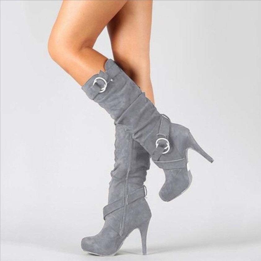 Women's Knee-High Stiletto Boots with Buckle Strap