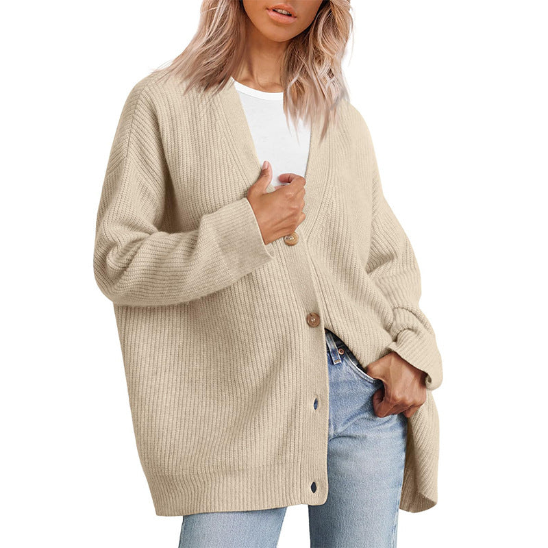 Women's Striped Knit Cardigan with Button-Up Closure in Relaxed Fit
