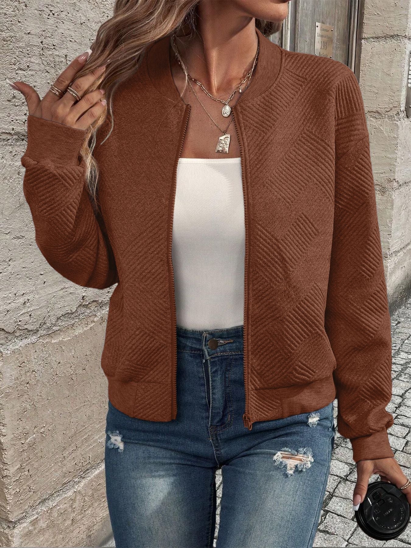 Women's Textured Zip-Up Cardigan with Ribbed Hem and Long Sleeves