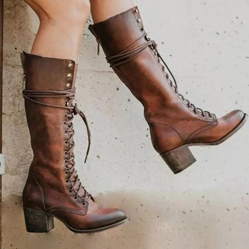 Women's Knee-High Chunky Heel Boots with Lace-Up Front