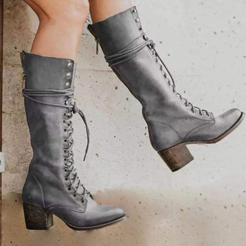 Women's Knee-High Chunky Heel Boots with Lace-Up Front