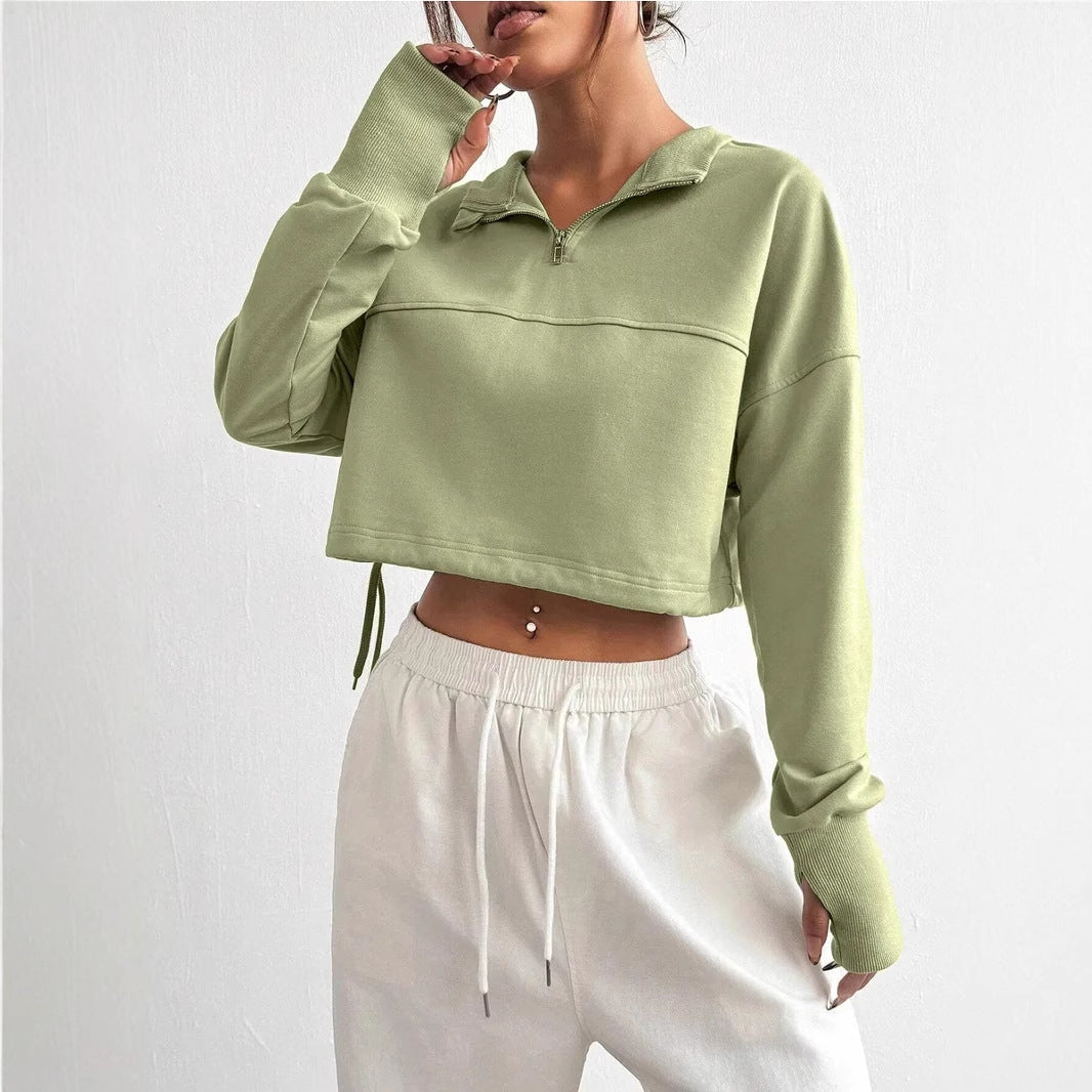 Women's Cropped Sweatshirt with Zip Neck and Balloon Sleeves